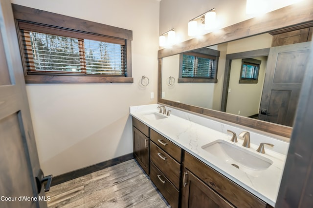 bathroom with hardwood / wood-style floors and vanity