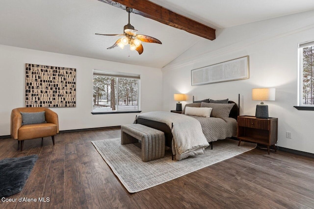 bedroom with vaulted ceiling with beams, ceiling fan, and dark hardwood / wood-style floors