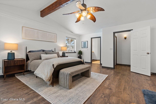 bedroom with vaulted ceiling with beams, ceiling fan, and dark hardwood / wood-style flooring