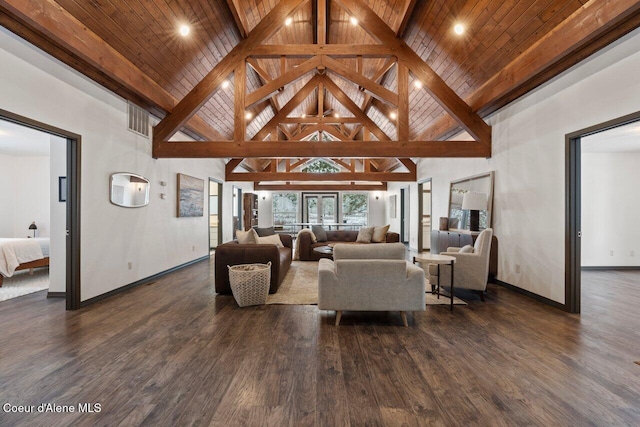 living room featuring beamed ceiling, high vaulted ceiling, dark wood-type flooring, and wood ceiling