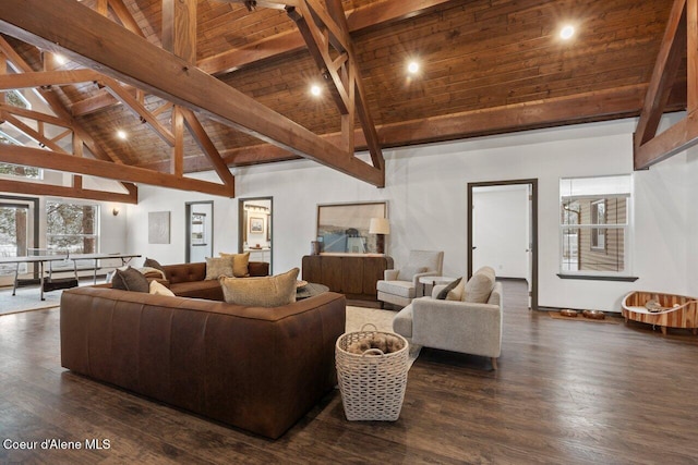 living room with beamed ceiling, dark hardwood / wood-style flooring, high vaulted ceiling, and wooden ceiling