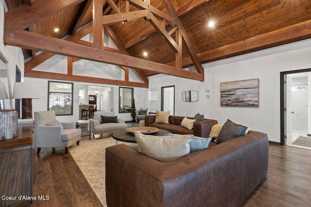 living room featuring beamed ceiling, dark hardwood / wood-style floors, high vaulted ceiling, and wood ceiling