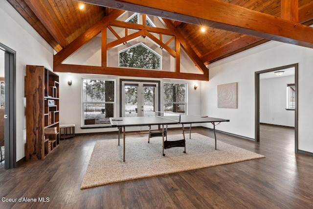 unfurnished office featuring french doors, high vaulted ceiling, dark wood-type flooring, and wood ceiling