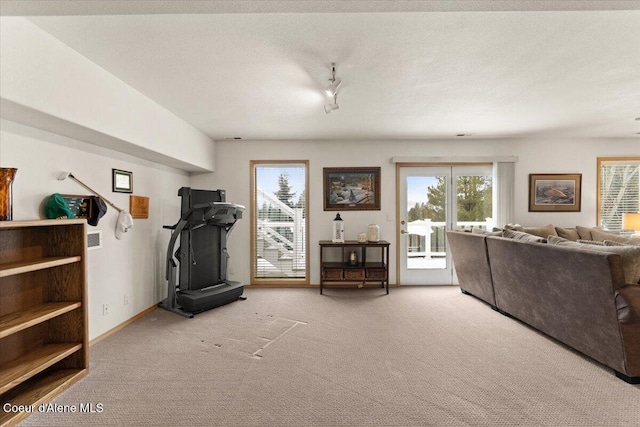 workout room featuring carpet floors and a textured ceiling