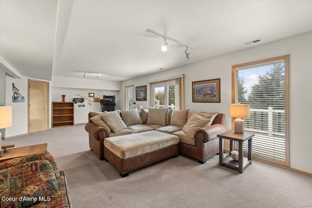 carpeted living room featuring a wealth of natural light and rail lighting