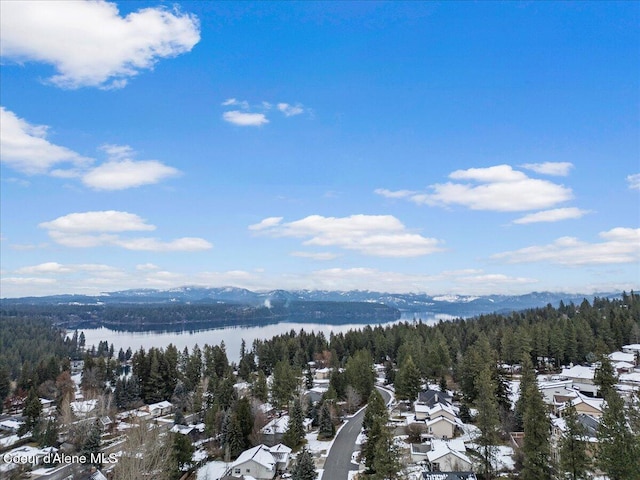 bird's eye view with a water and mountain view