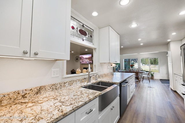 kitchen with light stone countertops, stainless steel dishwasher, sink, dark hardwood / wood-style floors, and white cabinetry