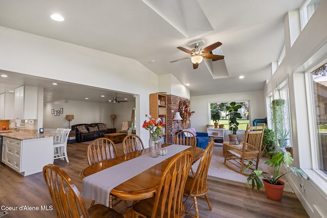 dining space featuring dark hardwood / wood-style flooring, ceiling fan, lofted ceiling, and sink