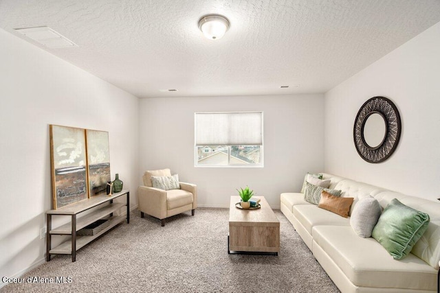 living room featuring a textured ceiling and carpet flooring