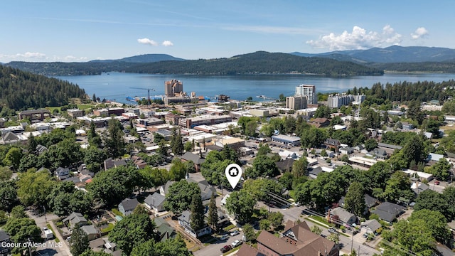 birds eye view of property featuring a water and mountain view