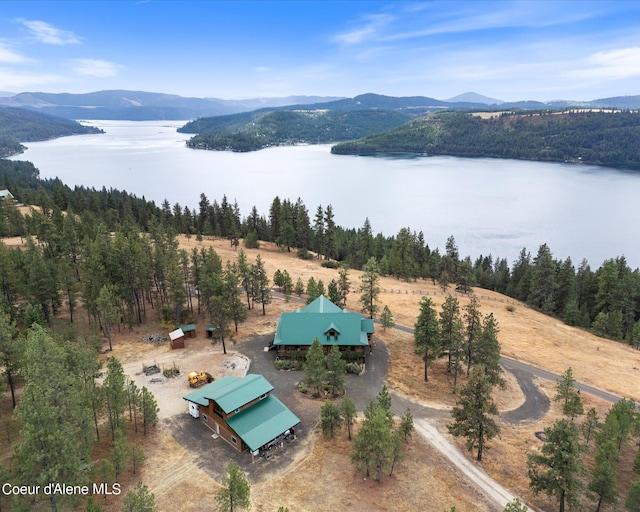 drone / aerial view with a water and mountain view