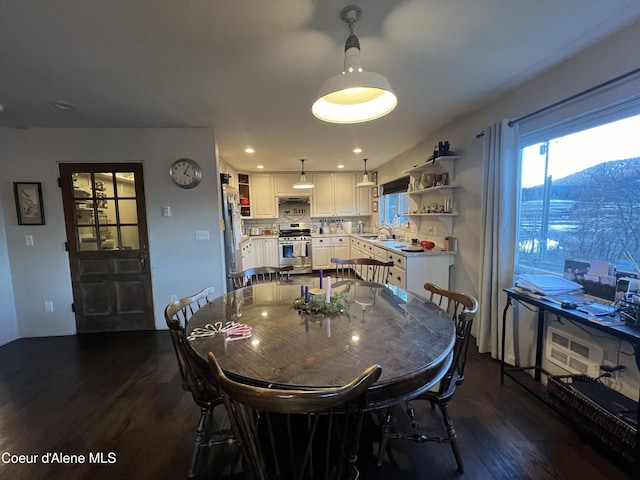 dining room featuring sink and dark hardwood / wood-style flooring