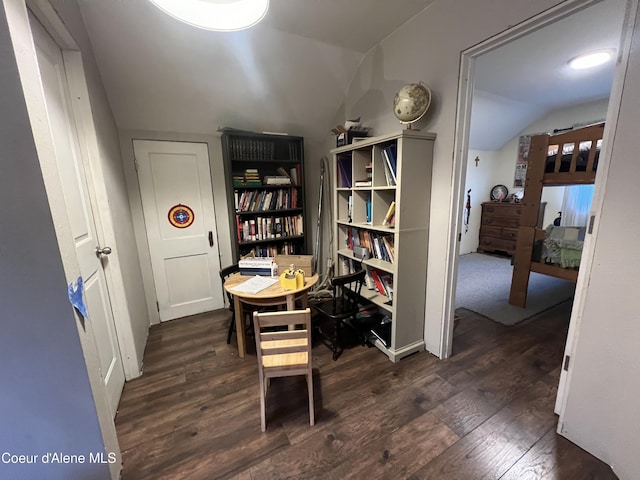 interior space featuring dark wood-type flooring and vaulted ceiling