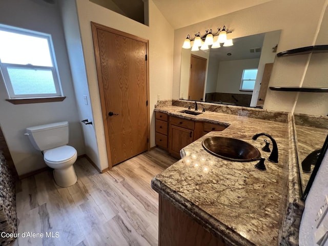 bathroom featuring vaulted ceiling, toilet, vanity, and hardwood / wood-style flooring