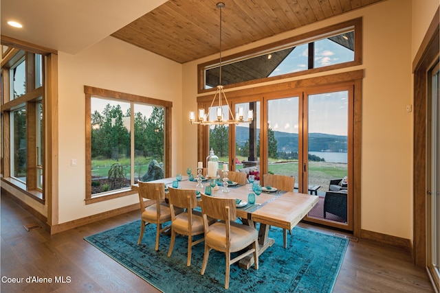 dining area with a healthy amount of sunlight, dark hardwood / wood-style flooring, and wooden ceiling