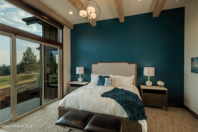 bedroom featuring access to exterior, beamed ceiling, and a chandelier