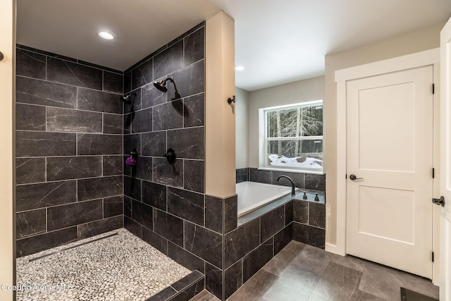 full bathroom with tile patterned floors, a tile shower, recessed lighting, and a garden tub