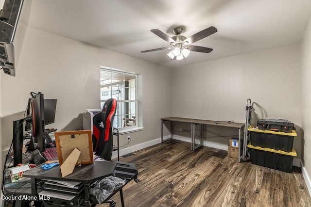 home office featuring a ceiling fan, visible vents, wood finished floors, and baseboards