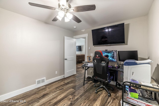 home office with baseboards, visible vents, wood finished floors, and a ceiling fan