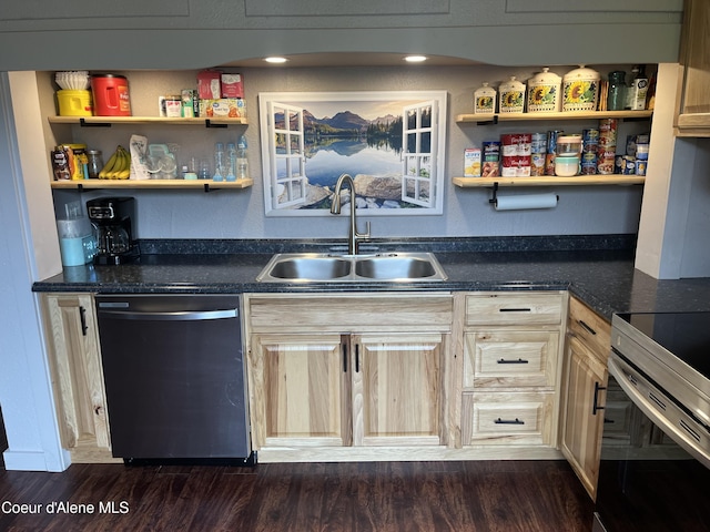 kitchen with dark hardwood / wood-style flooring, sink, light brown cabinets, dishwasher, and range