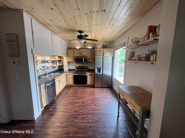 kitchen with wooden ceiling, dark wood-type flooring, sink, ceiling fan, and stainless steel appliances