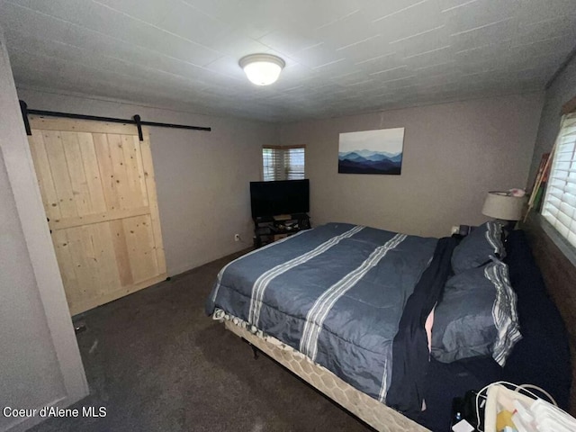 carpeted bedroom featuring a barn door