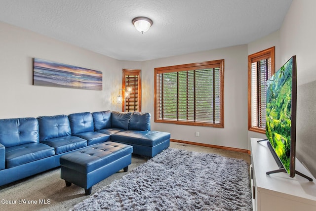 living room featuring carpet flooring and a textured ceiling