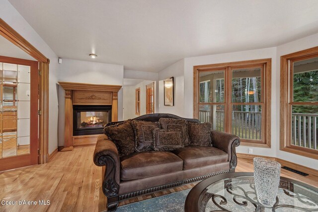 living room featuring a multi sided fireplace and light hardwood / wood-style floors