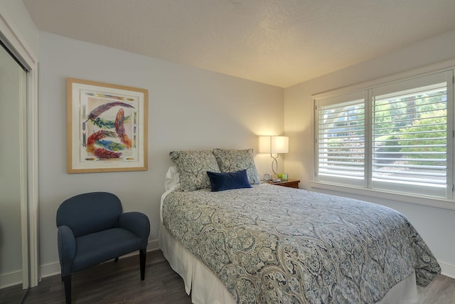 bedroom with a closet and dark wood-type flooring