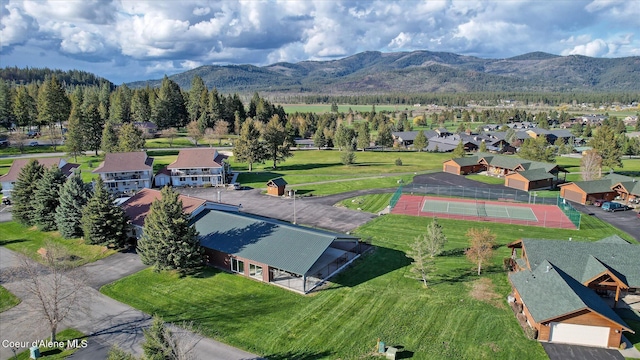 drone / aerial view featuring a mountain view