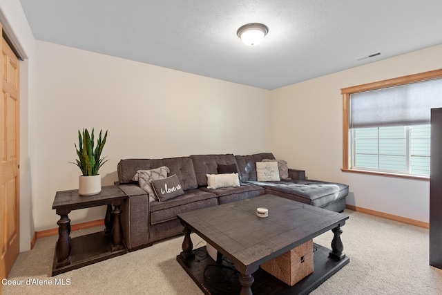 carpeted living room with a textured ceiling