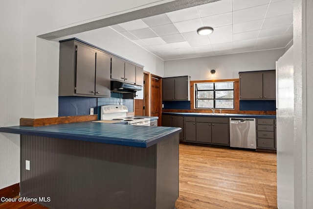 kitchen with white electric stove, under cabinet range hood, a peninsula, light wood-type flooring, and dishwasher