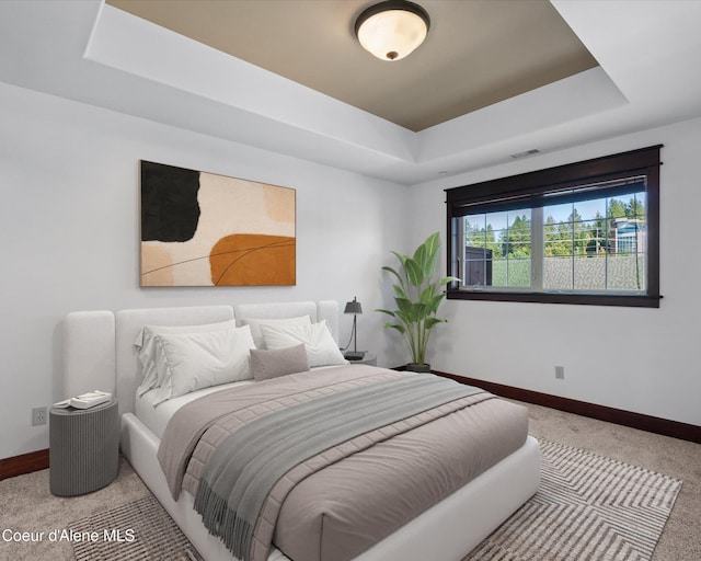 carpeted bedroom with a tray ceiling