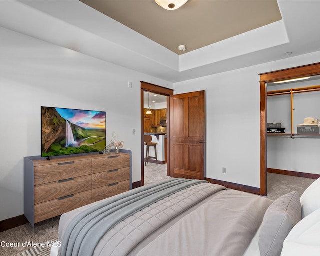 bedroom with a tray ceiling and carpet