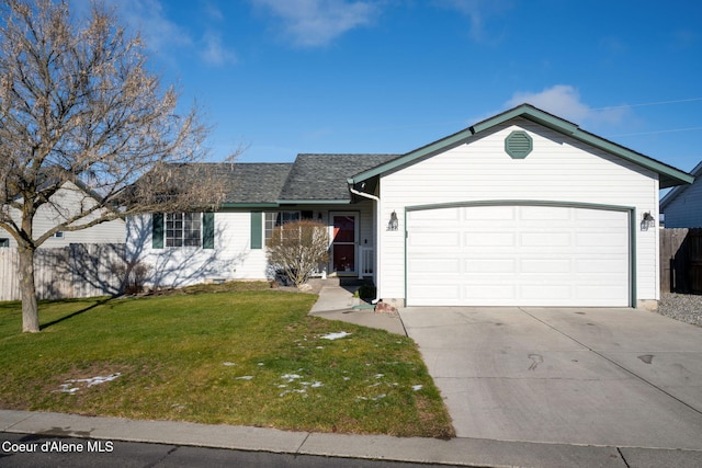 ranch-style home featuring a front yard and a garage