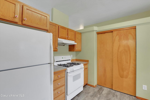 kitchen featuring light wood-type flooring and white appliances