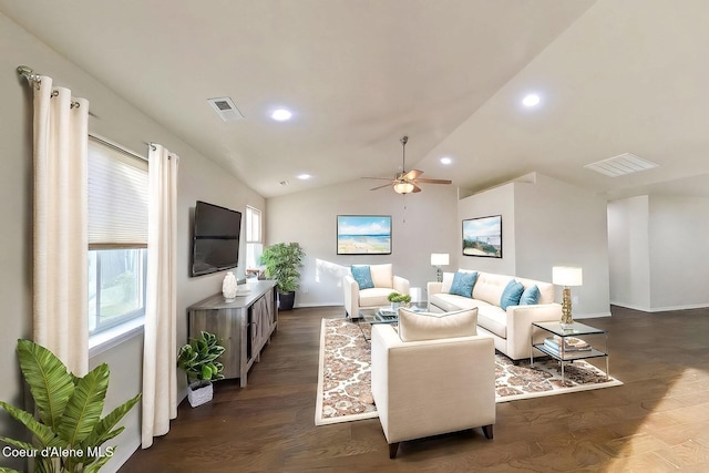 living room with ceiling fan, dark hardwood / wood-style flooring, and lofted ceiling