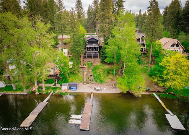 drone / aerial view featuring a water view