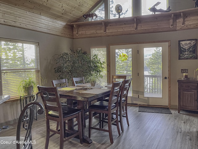 dining area with lofted ceiling, wood-type flooring, and wood ceiling