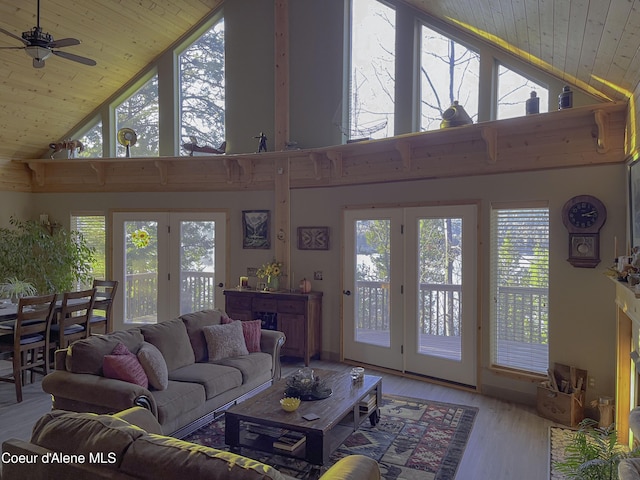 living room featuring ceiling fan, wooden ceiling, high vaulted ceiling, and light hardwood / wood-style flooring