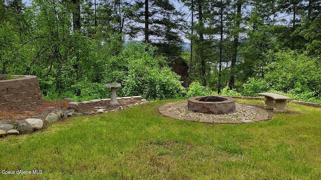 view of yard with a fire pit