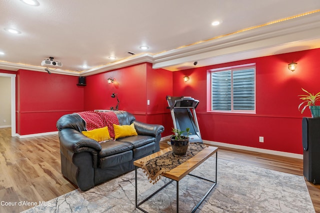 cinema room with hardwood / wood-style floors