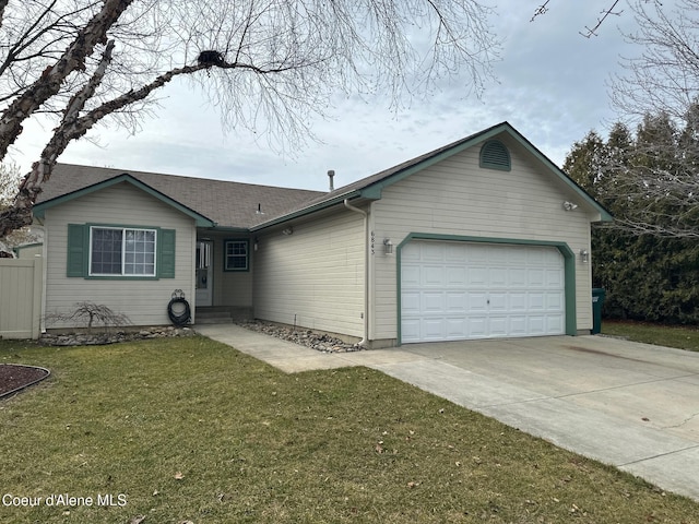 ranch-style house with concrete driveway, a front lawn, and an attached garage