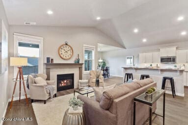 living room featuring vaulted ceiling and light hardwood / wood-style flooring