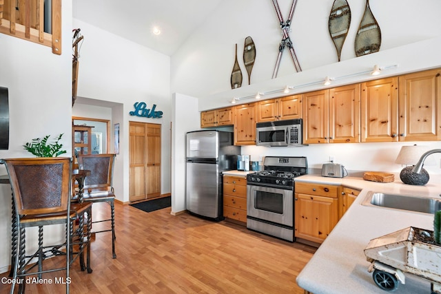 kitchen with high vaulted ceiling, sink, light hardwood / wood-style flooring, and stainless steel appliances