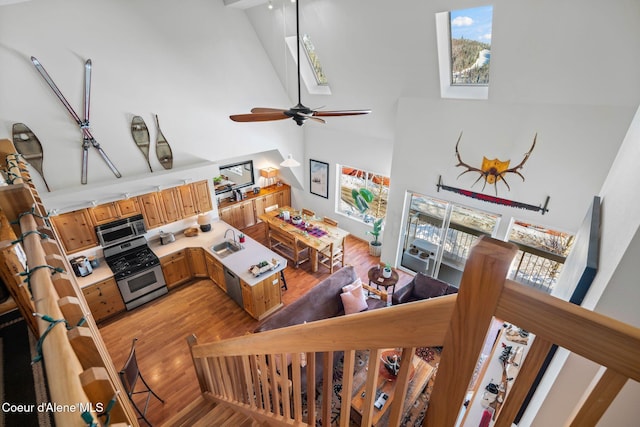 living room with a skylight, a towering ceiling, sink, and light hardwood / wood-style flooring