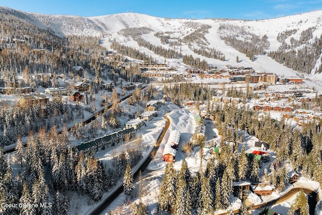 snowy aerial view featuring a mountain view