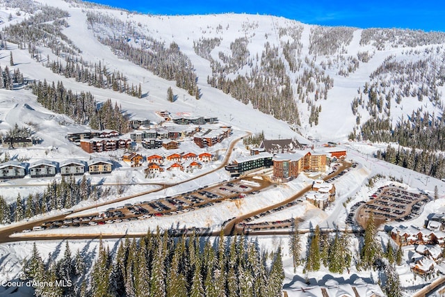 snowy aerial view with a mountain view