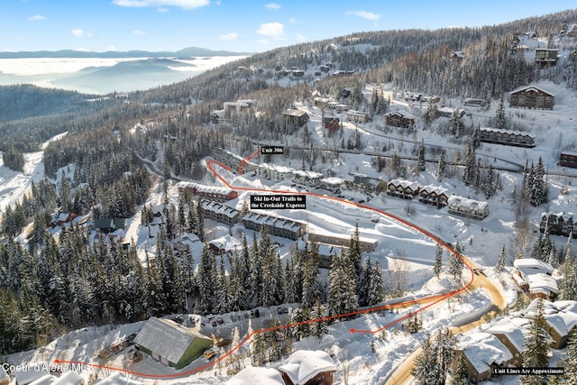 snowy aerial view featuring a mountain view