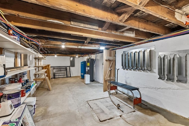 basement featuring water heater and electric panel